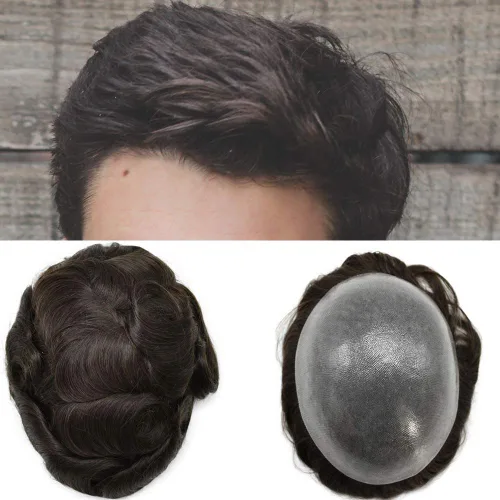 Vista 55 de PU Toupee para hombres pieza de pelo real sistema de reemplazo de cabello humano para hombres Toupee pieza de pelo para hombres piel polivinílica