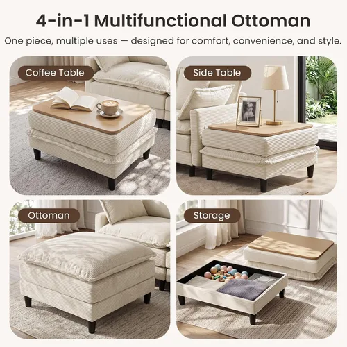 Vista 6 de Sofá de nube en forma de L de 73.5 pulgadas, sofá modular con mesa auxiliar otomana, sofá biplaza de pana con almohada, cómodo y moderno sofá