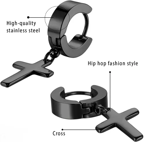 Vista 2 de Cupimatch Aretes con cruz de acero inoxidable, 3-6 pares, para hombre