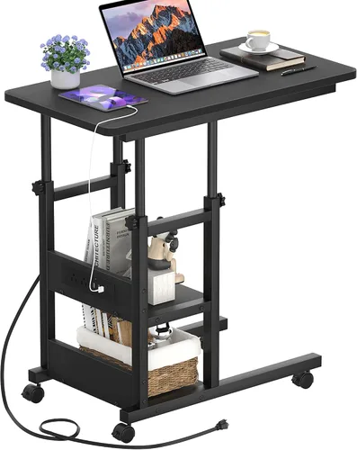 Vista 7 de Mesa auxiliar de altura ajustable con estación de carga, mesa auxiliar móvil para computadora portátil en forma de C con ruedas, mesa de sofá de 3