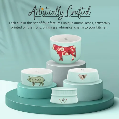 Vista 4 de Pavilion Gift Company - 'Live Simply Bee, Chicken, Pig, and Cow' - Juego de tazas medidoras de gres de 4 piezas, utensilios de cocina resistentes