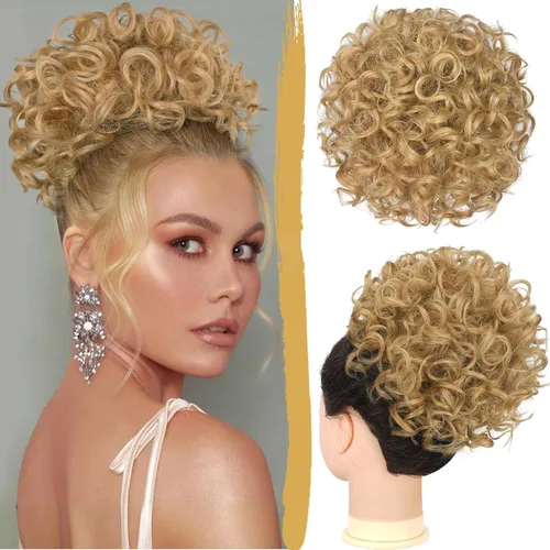 Vista 19 de PEACOCO - Piezas de pelo para moño desordenado para mujer, gran moño afro rizado elástico con cordón, moño de onda suelta sintético, extensión