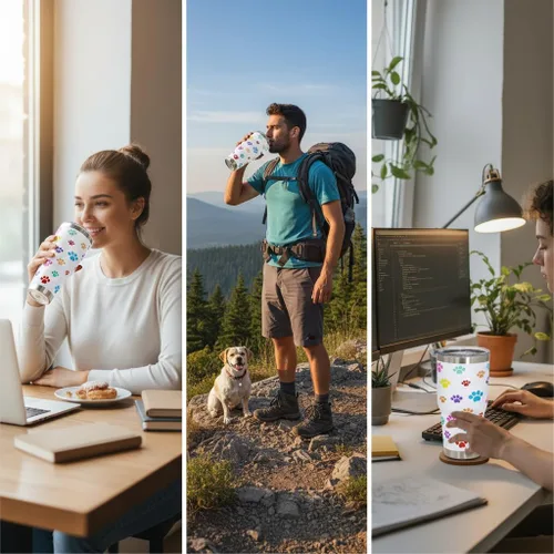 Vista 7 de Vaso de perro para mamá, regalos para amantes de los perros, tazas de café de viaje de acero inoxidable, tazas de café con estampado de patas