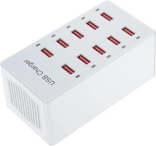 Vista 8 de Cargador USB de 10 puertos estación de carga para múltiples dispositivos, cargador de pared USB, tira de concentrador de alimentación, enchufe