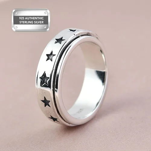 Vista 2 de Shop LC - Anillo giratorio de plata de ley 925, diseño de lunas y estrellas, anillo antiansiedad para mujeres y hombres, chapado en platino, joyería