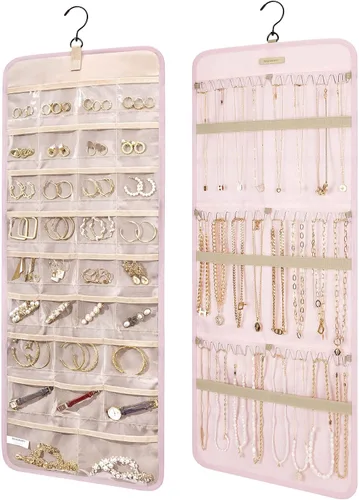 Vista 7 de BAGSMART Organizador de joyas colgante con rollo de almacenamiento y ganchos metálicos de doble cara para aretes, collares, anillos en armario, Negro