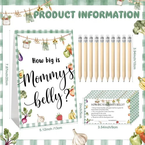 Vista 76 de Sabary 64 Piezas Juegos de Baby Shower Incluyen Letrero How Big is Mommy's Belly Sign Measure Bump Game 50 Tarjetas 10 Lápices 3 Cintas Métricas