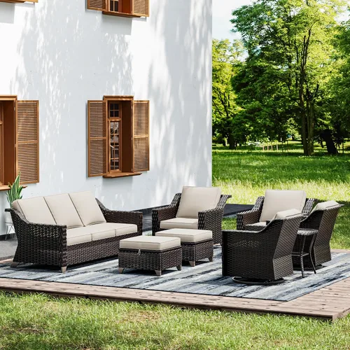 Vista 12 de Joyside Juego de 2 sillas de mimbre para patio, muebles de ratán para exteriores con reposabrazos anchos y cojines gruesos, tamaño grande mejorado
