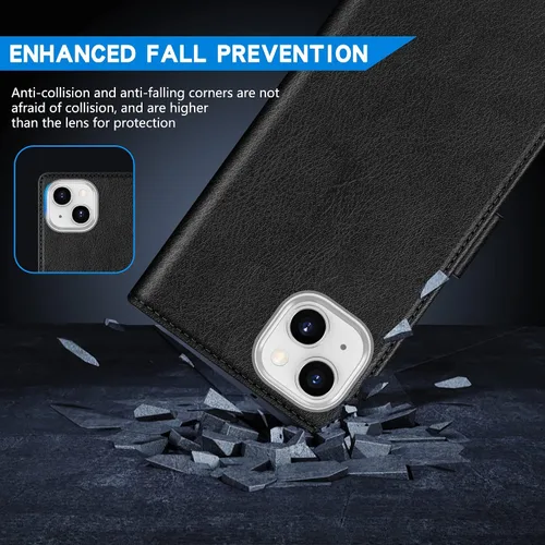 Vista 7 de ZZXX Funda tipo cartera para iPhone 14 Plus con bloqueo RFID, ranura para tarjetas, función atril, cierre magnético, funda protectora de cuero Negro