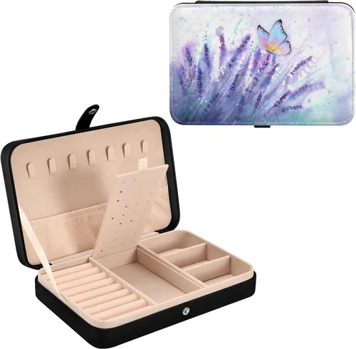 Vista 2 de Joyero de viaje, organizador de joyas pequeño de piel sintética para mujer, mariposa floral de lavanda púrpura (L1) cajas de almacenamiento