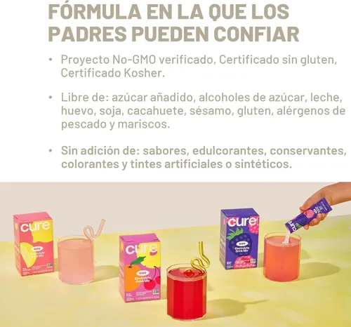 Vista 4 de Cure Hydration - Mezcla de bebidas con electrolitos para niños Rehidratación formulada por pediatras a base de plantas Sin azúcar añadido