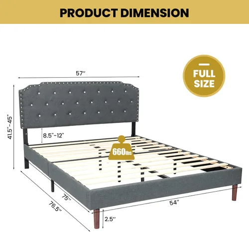 Vista 8 de Giantex Base de cama tapizada con cabecera ajustable, base de cama con plataforma suave capitonada de cristal con listones de madera, base