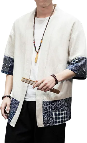 Vista 5 de PRIJOUHE Men's Kimono Jackets Cardigan Lightweight Casual Cotton Blends Linen Seven Sleeves Open Front Coat Outwear