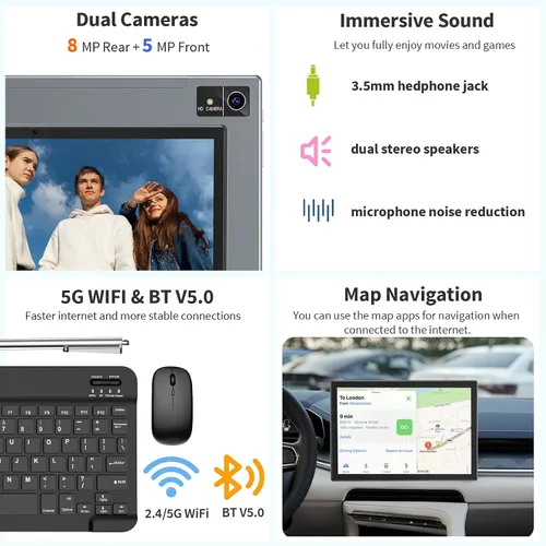 Vista 6 de Suicoey Tablet Android 15 con teclado - Tablet de 10 pulgadas, 16 GB+128 GB, expansión de 1 TB, Octa-Core, WiFi 2.4G/5G, 8000mAh, BT V5.0, GMS