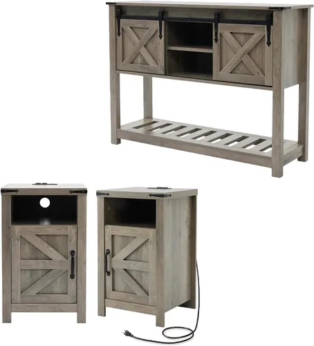 Vista 9 de Mesa de entrada de granja con puertas corredizas de granero, mesa consola de madera con estante de almacenamiento, mesa de sofá rústica para sala