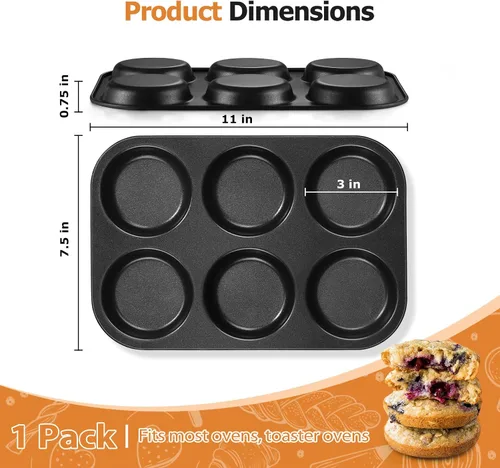 Vista 2 de E-far Molde para magdalenas, antiadherente de 6 cavidades poco profundas para hornear pastel de Whoopie, pudín Yorkshire, huevos, pan de maíz