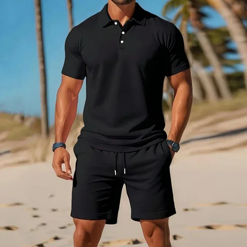 Vista 2 de Conjunto deportivo de 2 piezas para hombre, conjunto deportivo casual de polo y pantalones cortos, conjunto deportivo de verano, playa, talla grande