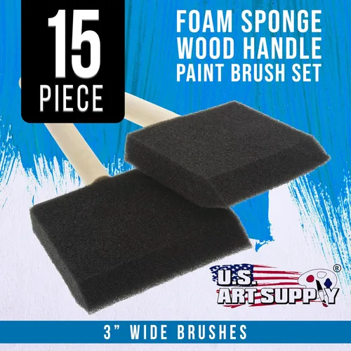 Vista 2 de US Art Supply - Juego de brochas de espuma de 3 pulgadas, mango de madera, paquete de 15