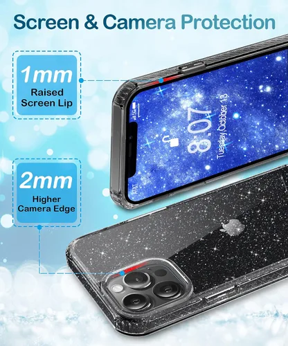 Vista 5 de MIODIK Funda compatible con iPhone 12/iPhone 12 Pro con soporte para teléfono, funda protectora transparente con purpurina a prueba de golpes