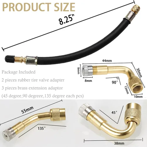 Vista 2 de Paquete de 5 extensiones de válvula de neumático, 2 piezas de extensores flexibles de vástago de válvula de 8.25 pulgadas con adaptador de extensión