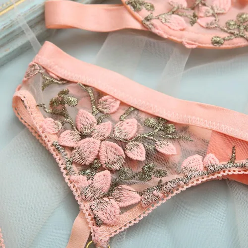 Vista 5 de Lencería sexy traviesa para mujer, con bordado de flores, encaje tipo babydoll con brasier y bragas, lencería nupcial con anillos para las piernas