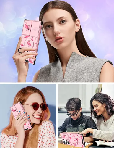 Vista 6 de Funda 2 en 1 para Samsung Galaxy S23 Ultra Flamingo para mujeres y niñas, diseño femenino de flamencos con cubierta deslizante para cámara y soporte