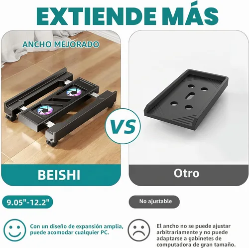 Vista 5 de Soporte ajustable para CPU con ventilador de refrigeración y luz RGB, soporte de CPU móvil con 4 ruedas rodantes, soporte de torre de computadora