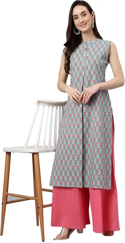 Vista 4 de Janasya Indian - Kurta recto de algodón azul aguamarina con estampado botánico para mujer