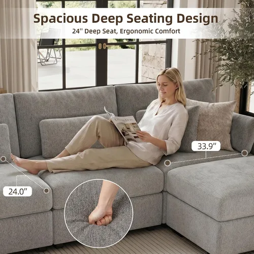 Vista 3 de Sofá modular de 146.5 pulgadas, sofás extra profundos en forma de U para sala de estar, sofá de felpilla de 4 asientos con patas de madera, otomana