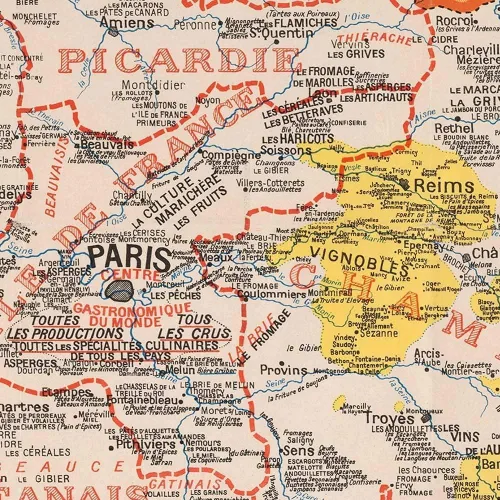 Vista 7 de Antiguos Maps Gourmet France, Comida francesa y vino - Gastronomique et Vinicole de la France par A. Bourguignon circa 1932 Decoración de pared