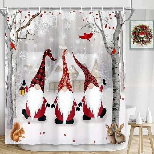 Vista 6 de Christmas Shower Curtain Gnome Winter Shower Curtain Snowy Forest Birth Tree with Cute Fun Gnome Bath Curtain Xmas New Year Bathroom Decor Bathroom