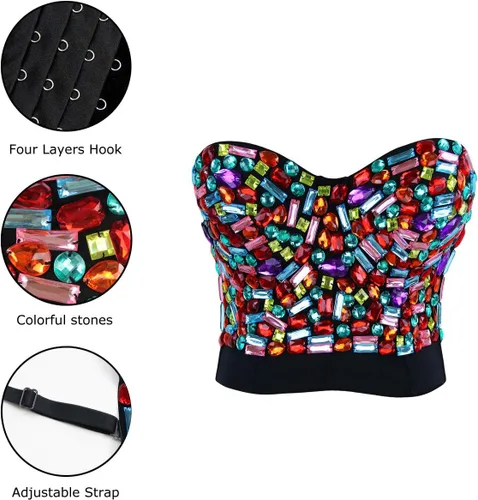 Vista 6 de Charmian - Sujetador con realce para mujer con diamantes de imitación de colores, ombliguera para fiesta y club