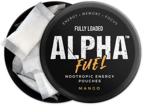 Vista 2 de Bolsas Nootrópicas Alpha Fuel Completamente Cargadas (Mango Fuel) - 5 latas, 15 bolsas por lata - Bolsas de energía que contienen cafeína y Mezcla
