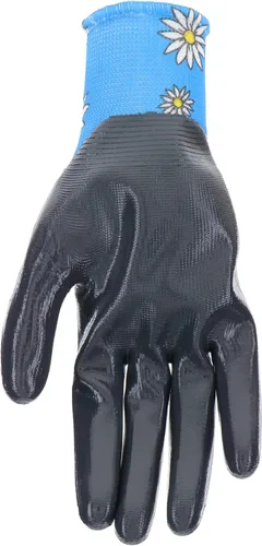Vista 4 de MUD Guantes de jardinería con estampado de margaritas para mujer, con carcasa de poliéster y palma recubierta de nitrilo plano, Azul