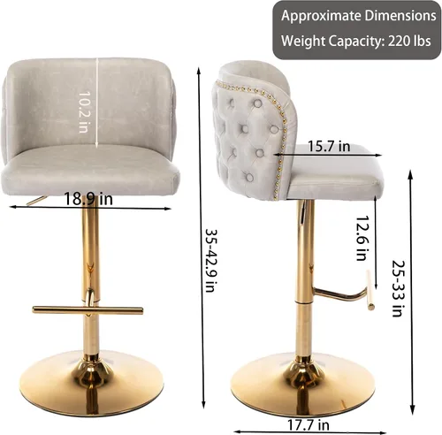Vista 3 de Taburetes de bar tapizados de poliuretano con base dorada, taburetes de bar ajustables de 25-33 pulgadas, taburetes de mostrador con respaldo Beige