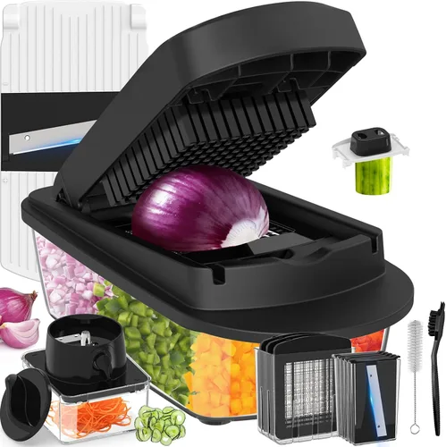 Vista 10 de Picador de verduras todo en uno de 8 cuchillas con contenedor, picador de alimentos, picador de cebolla, cortador de verduras para ensalada, Negro