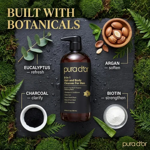 Vista 4 de PURA D'OR Limpiador de cabello y cuerpo 8 en 1 de 24 onzas para hombres, sin sulfatos, lavado multiusos para cabello, cara, barba y cuerpo, con aloe