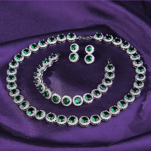 Vista 4 de EVER FAITH Precioso collar de circonita cúbica de corte redondo con piedra natal para novia, aretes y pulseras de tenis, juego de joyas de boda