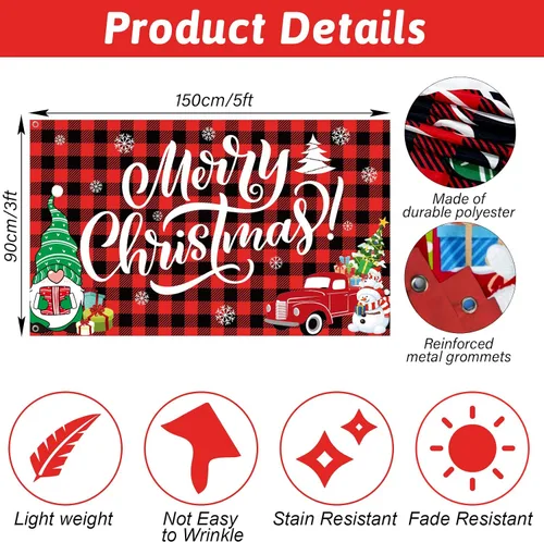 Vista 3 de Bandera de Feliz Navidad de 3 x 5 pies para decoración de patio y pancarta de búfalo rojo a cuadros de búfalo rojo, decoración al aire libre
