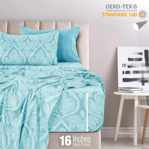 Vista 4 de LDC LUX Décor Colección - Juego de sábanas para cama de tamaño individual con estampado de cachemira – 4 piezas de sábanas de microfibra ultra