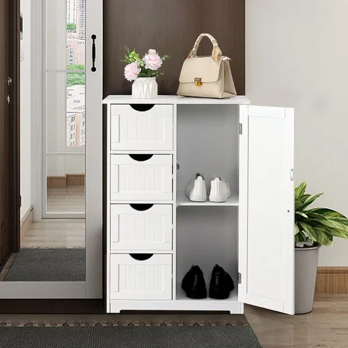 Vista 6 de Bonnlo Armario de almacenamiento pequeño de madera para baño, muebles de espacio pequeño, organizador de almacenamiento lateral blanco con 4 cajones