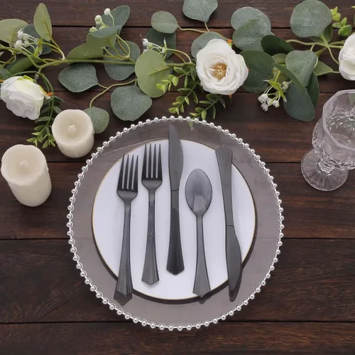 Vista 6 de Efavormart - Juego de 24 cubiertos de plástico transparente negro resistente con mango de punta acampanada, cuchara de tenedor desechable