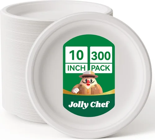 Vista 11 de JOLLY CHEF Platos compostables de alta resistencia de 10 pulgadas [Paquete de 125] Platos de papel desechables ecológicos de bagazo natural