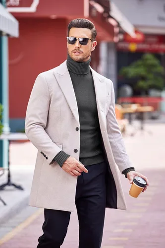 Vista 4 de COOFANDY Suéter de cuello alto ajustado para hombre, suéter de punto trenzado casual