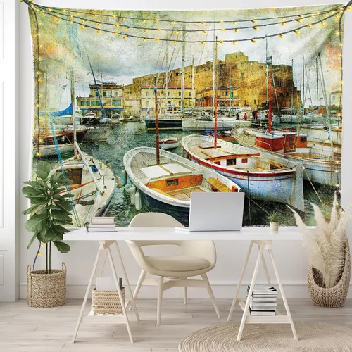 Vista 7 de Ambesonne Tapiz marino, Nápoles, botes pequeños en la histórica costa italiana, patrimonio del castillo, arte náutico, colgante de pared ancho