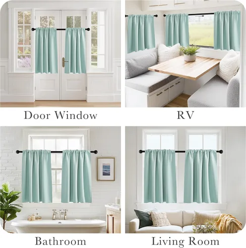 Vista 6 de PONY DANCE - Cortinas opacas pequeñas azul aguamarina para cocina, sobre fregadero, para caravana, con aislamiento térmico y bolsillo para barra, 2