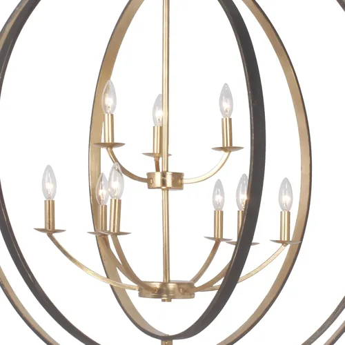 Vista 5 de Crystorama Luna - Candelabro de bronce inglés y oro antiguo con 9 luces, lámpara de techo - Candelabros para pasillo, sala de estar, vestíbulo