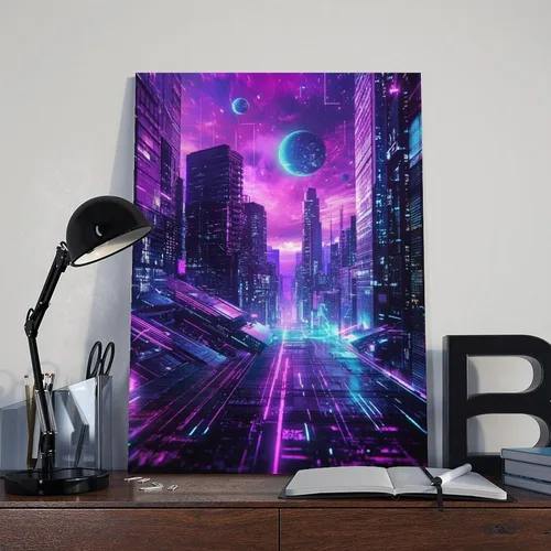 Vista 8 de Futuristic Neon City Wall Art – Synthwave Aesthetic Poster with Grid & Planet Elements Modern Wall Prints Abstract Geometric Minimalist Art Framed