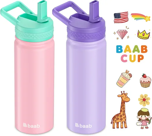 Vista 9 de baab Botella de agua para niños de 18 onzas, botella de agua aislada con popote y calcomanías, taza con popote de agua para niños de acero