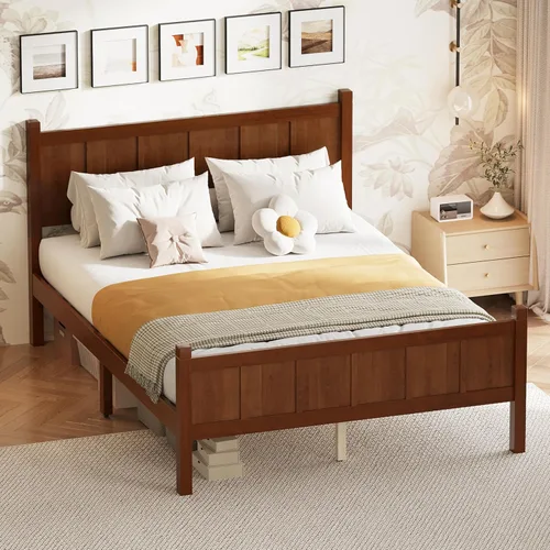 Vista 19 de Bellemave Cama de panel plano de tamaño individual con cabecero y estribo, cama de plataforma minimalista y moderna con acabado de grano de madera